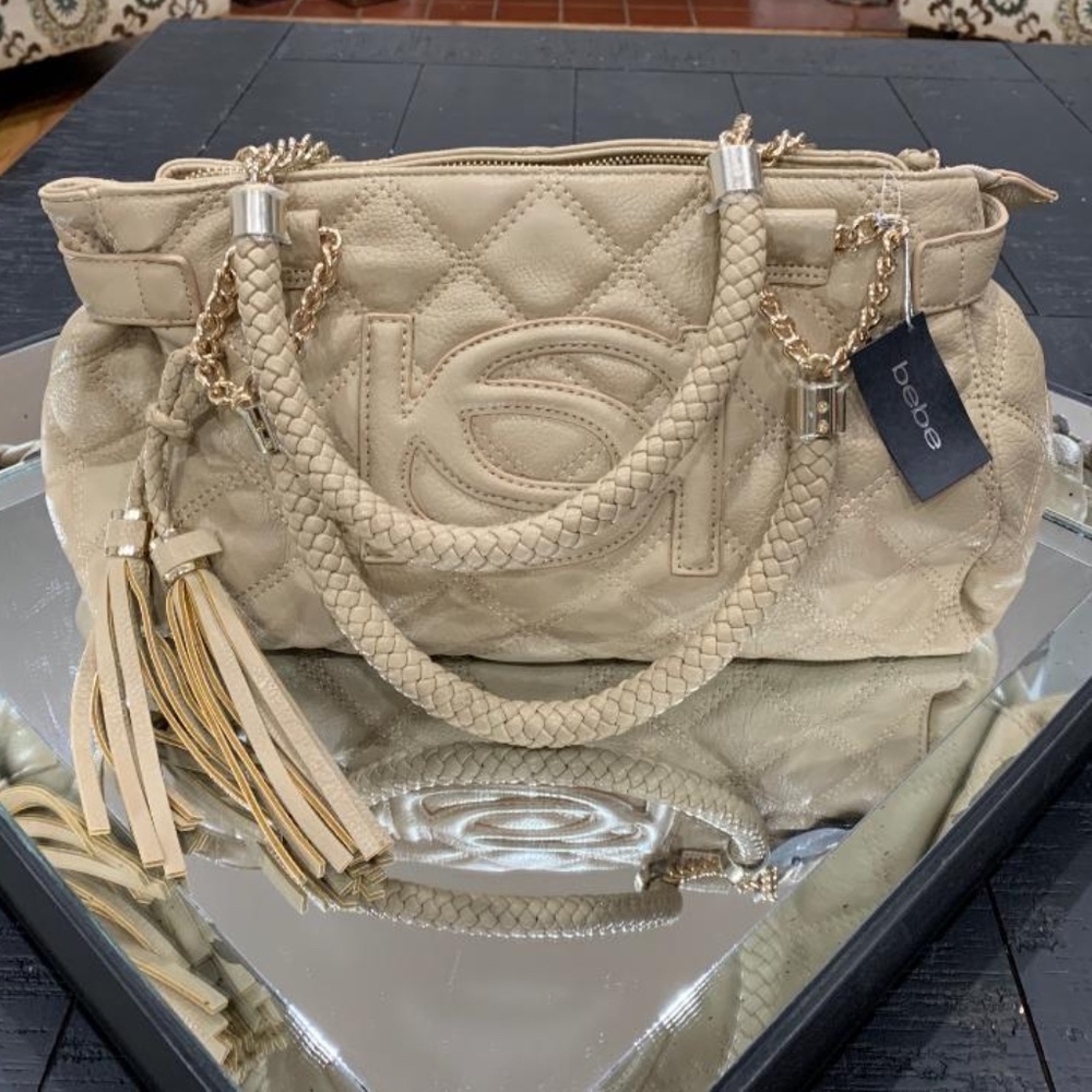 bebe Tan Faux Leather Quilted Satchel